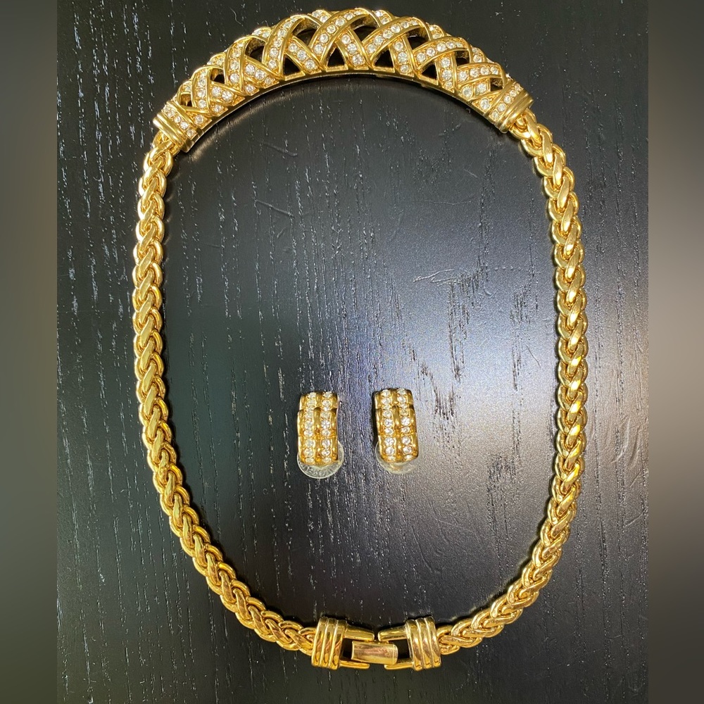 Swarovski 18k gold plated heavy necklace with matching earrings.